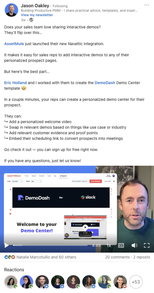 Jason Oakley from DemoDash showing off Navattic-Asset Mule integration as a channel marketing campaign